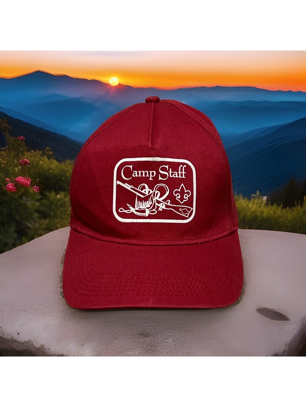 Summer Camp Staff Lake Mountain Cabins Campfire Tents Hiking Canoe Baseball Cap